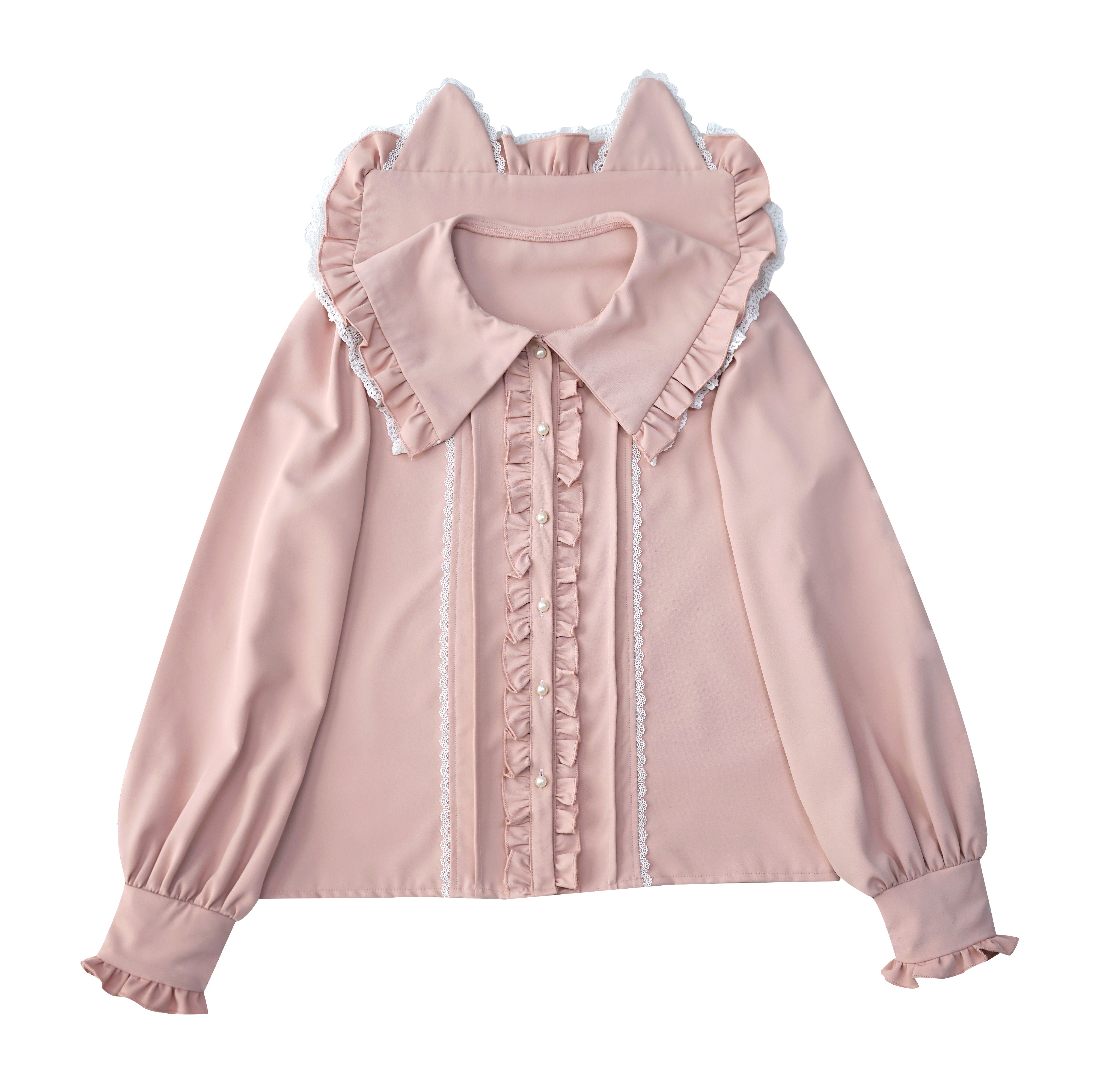 Soft pink cat ear blouse with pearl buttons and frills Ruched Top , Ruffled Hem Sleeve Cuffs , Sailor Collar with Cat Ears Elegant Pretty Button Down Shirts